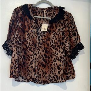 Leopard Print Women's Top with Black Lace Trim